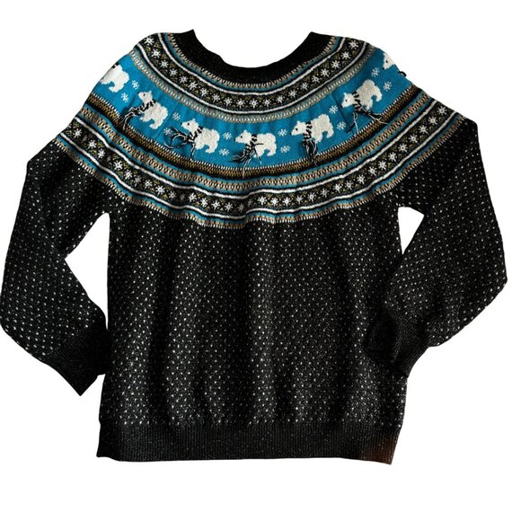 Holiday Time Sweater Womens 1X Christmas Polar Bear Black Blue Fair Isle - Picture 2 of 9